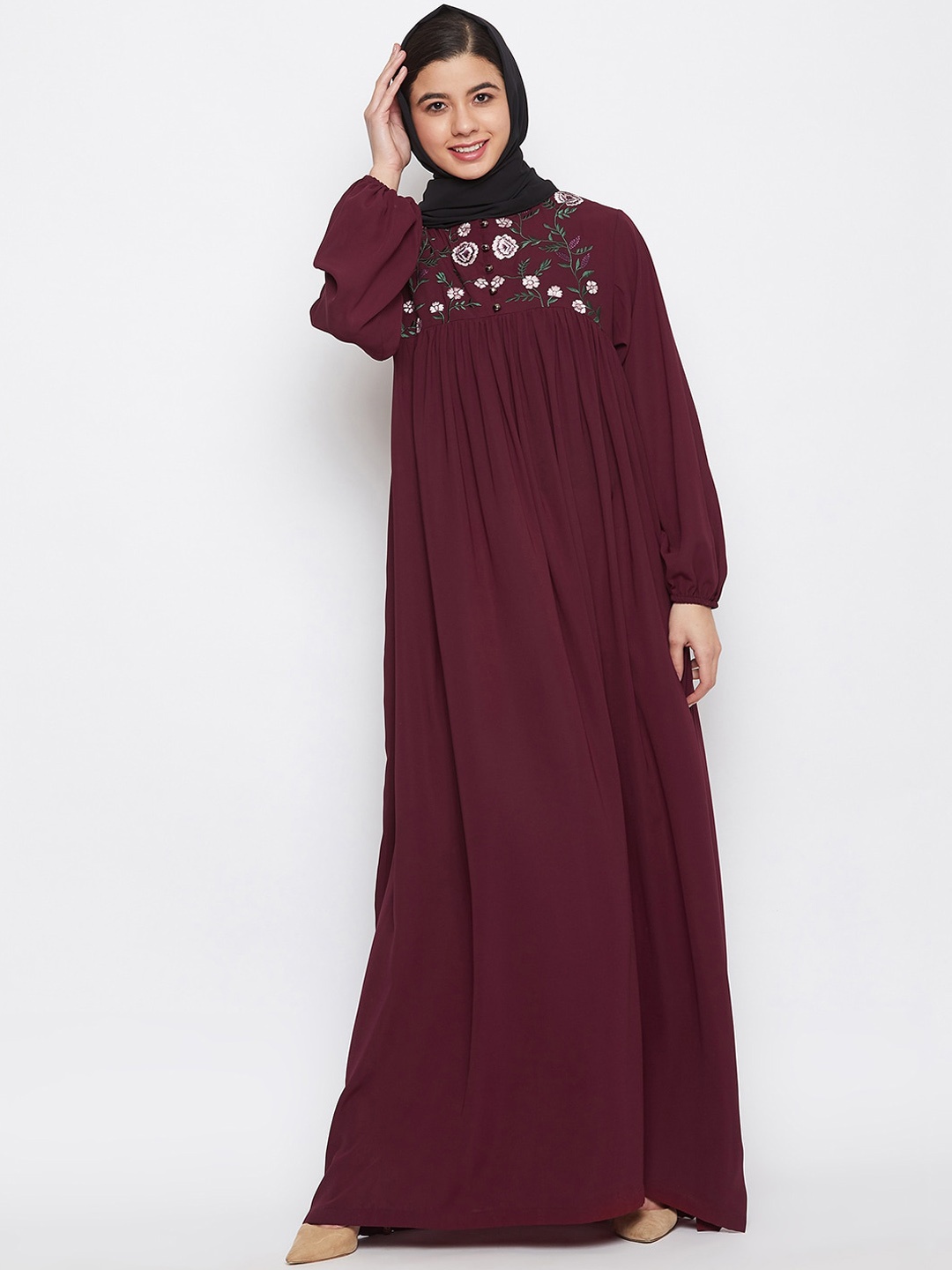 

NABIA Women Maroon Embroidered Abaya Burqa With Scarf