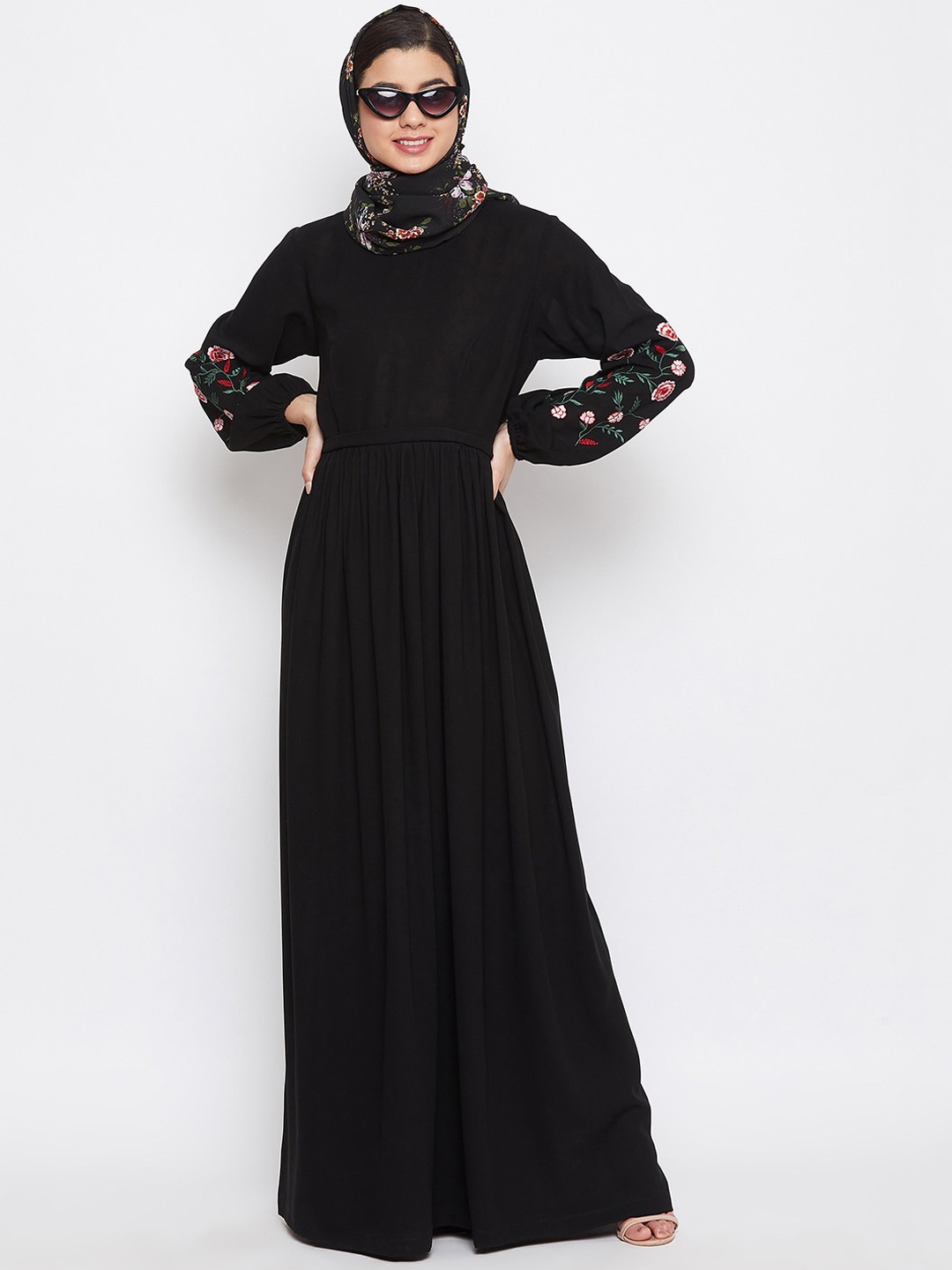

NABIA Women Black & Pink Embroidered Abaya Burqa With Scarf