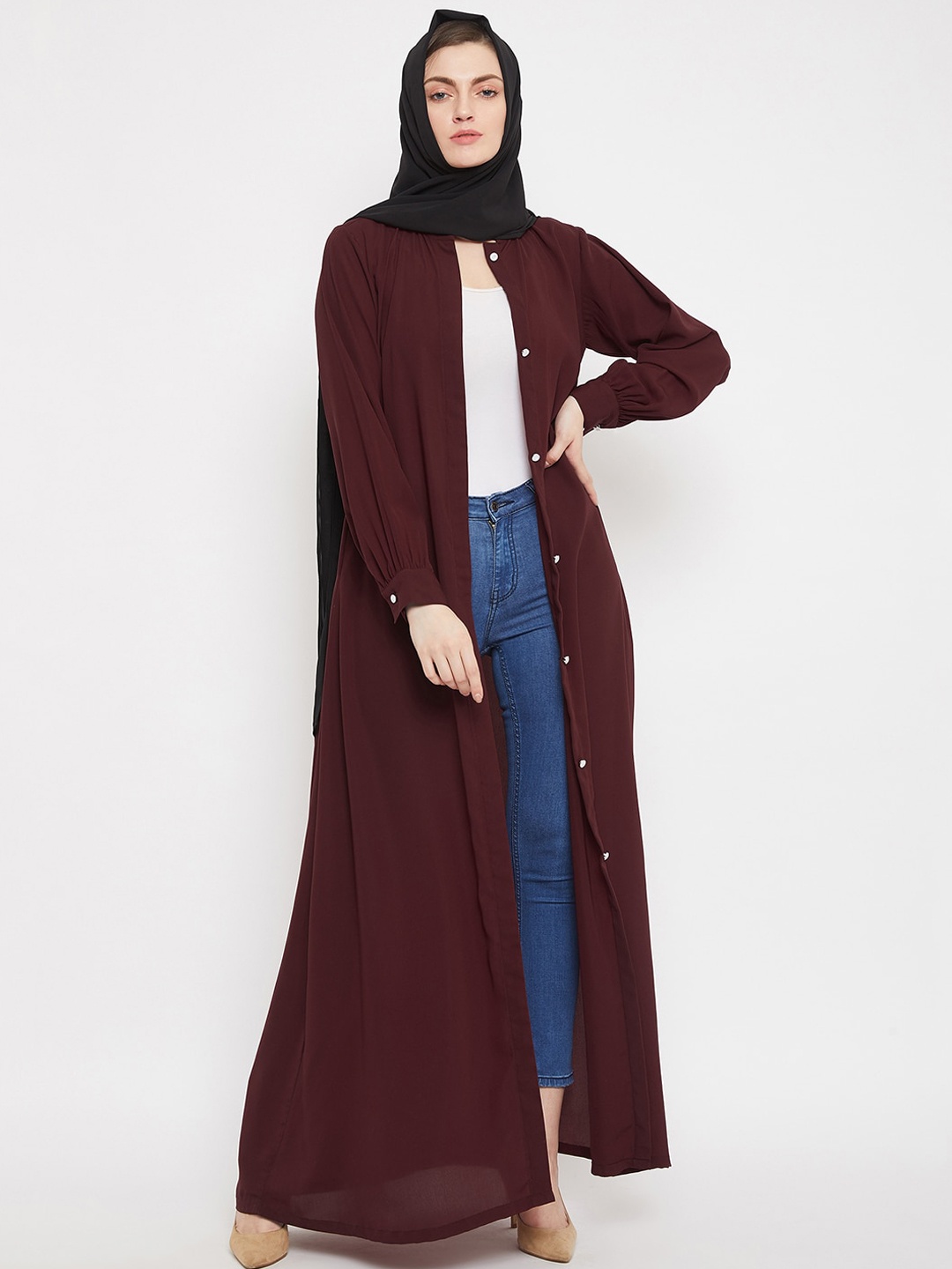 

NABIA Women Maroon & Black Solid Abaya Burqa With Scarf