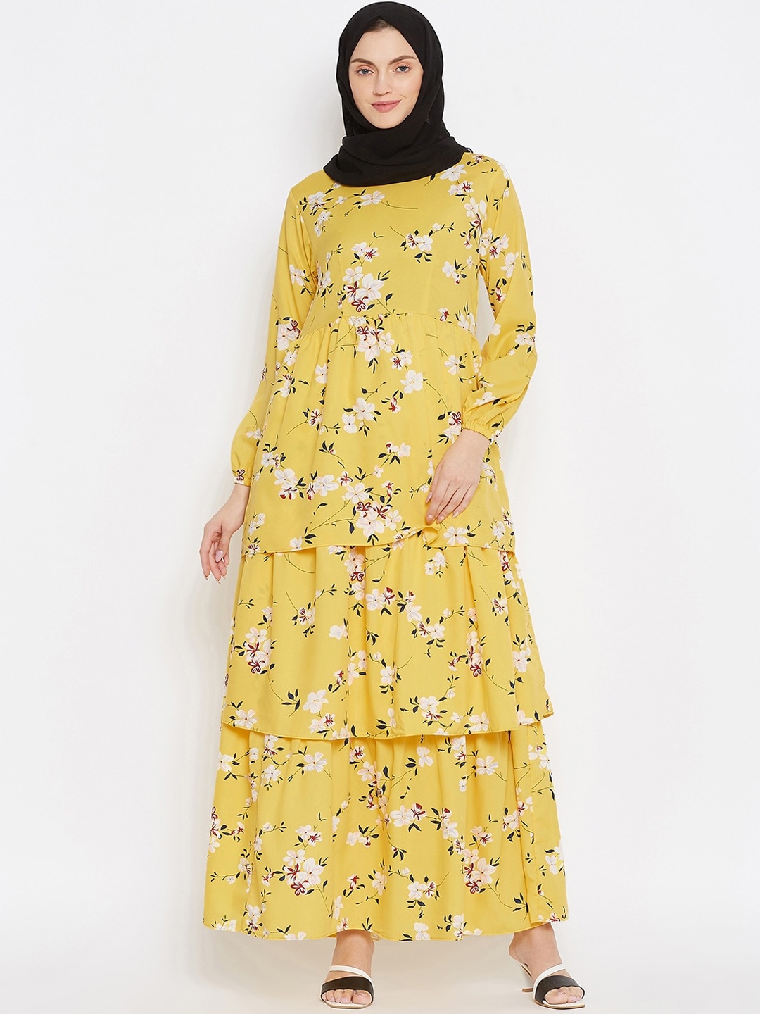 

NABIA Women Yellow Printed Abaya Burqa With Scarf