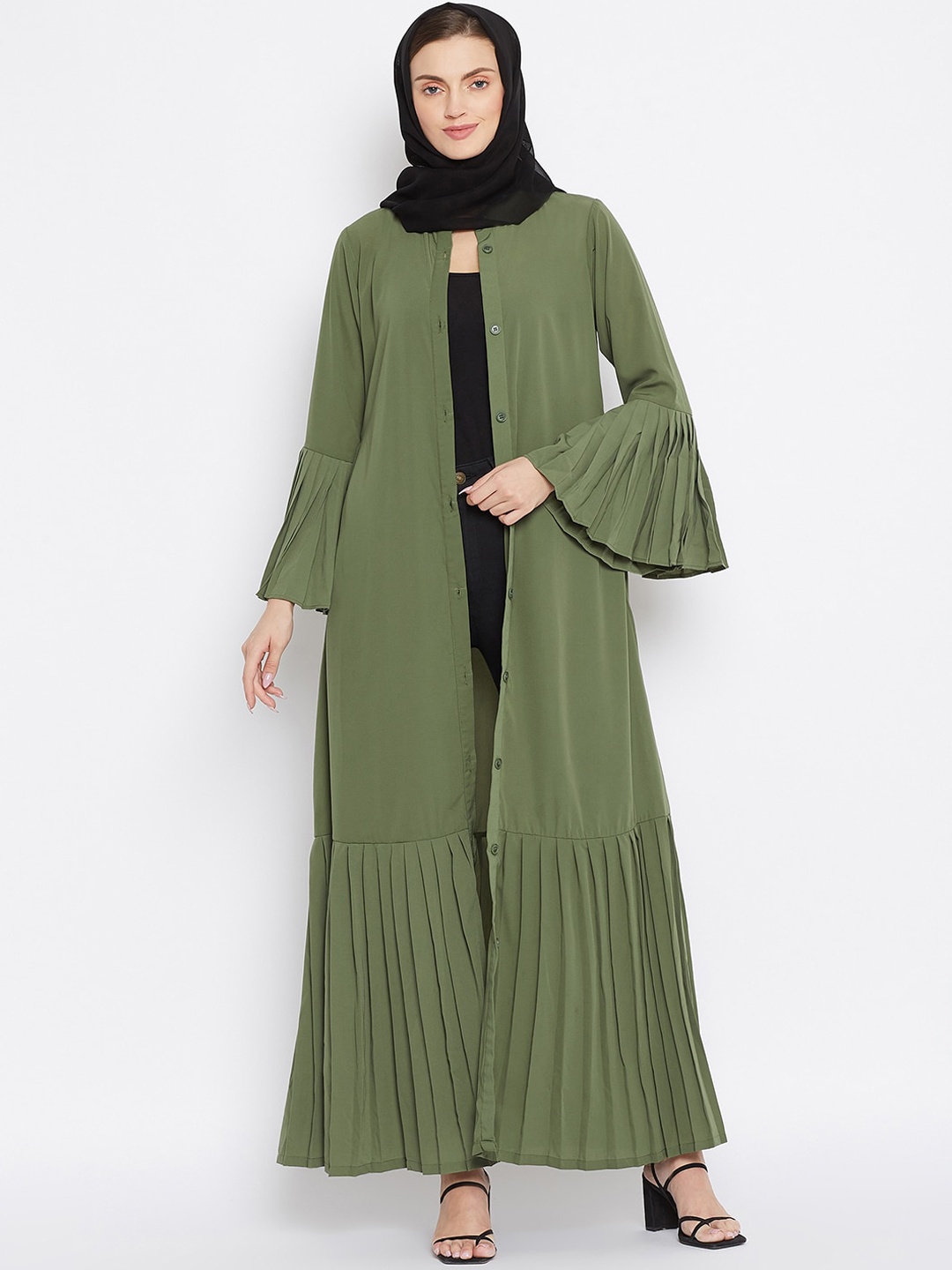 

NABIA Women Green Solid Abaya Burqa with Gathered Detail & Scarf