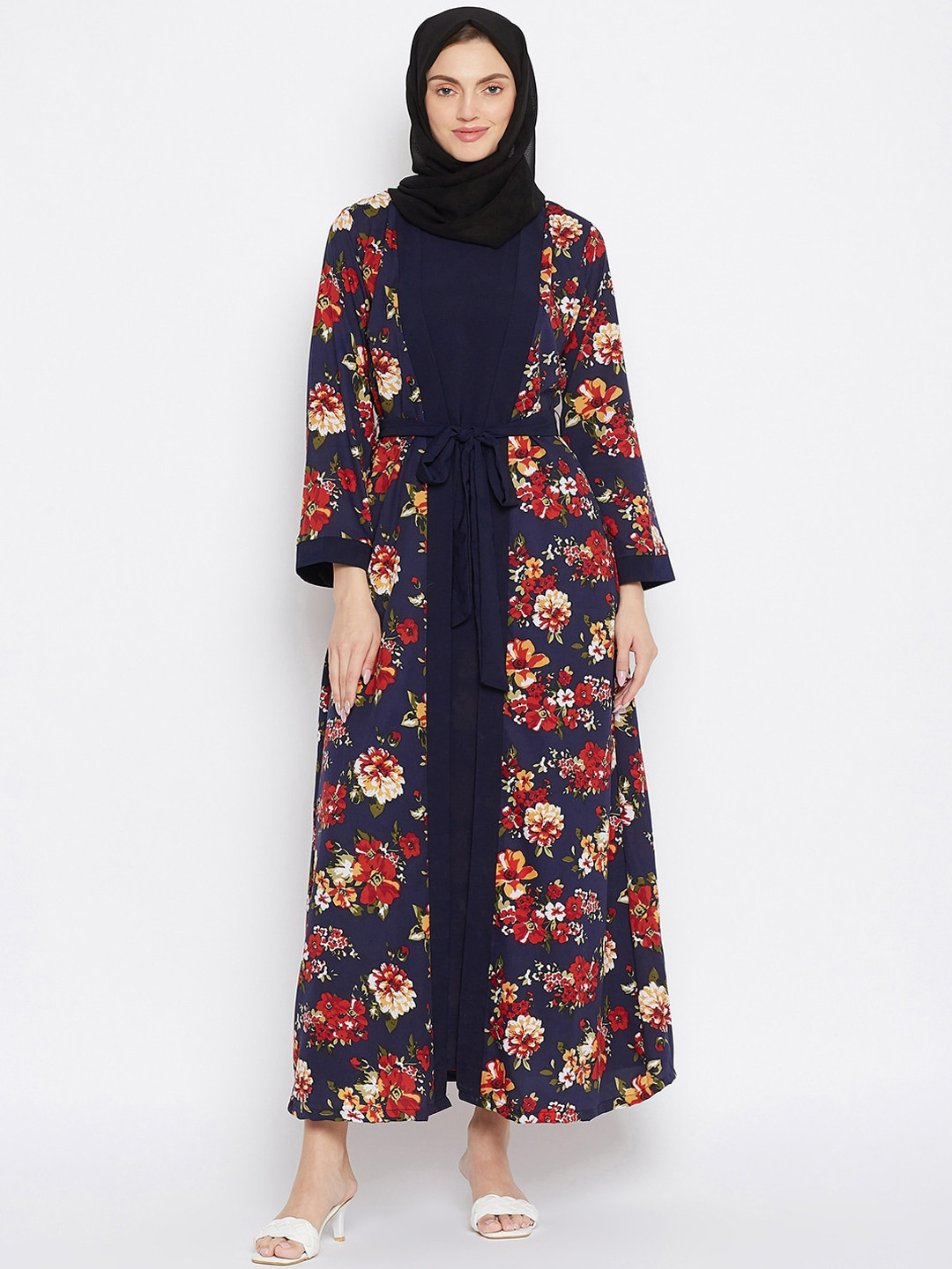 

NABIA Navy Blue Printed Abaya Burqa with Georgette Scarf