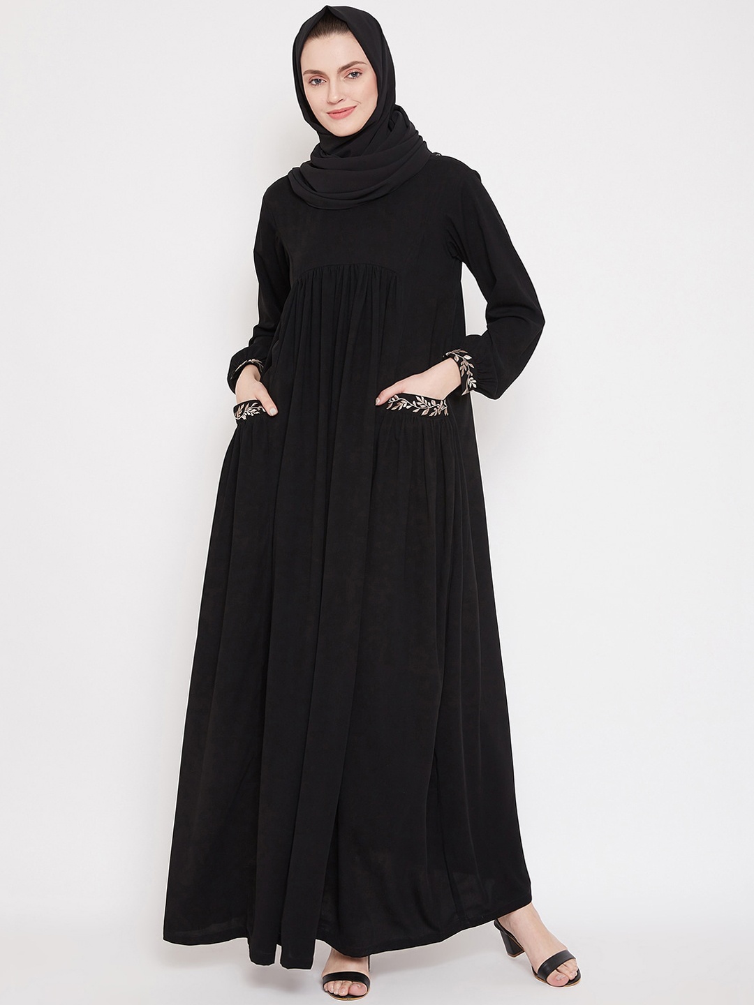 

NABIA Women Black Solid Burqa With Gathered Detail & Georgette Scarf