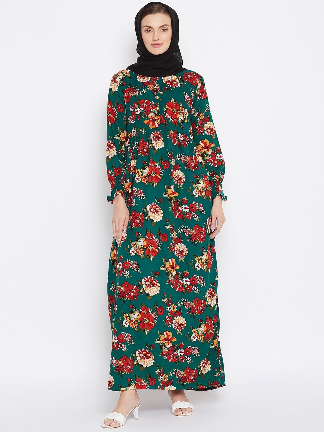

NABIA Green Floral Printed Abaya Burqa With Scarf