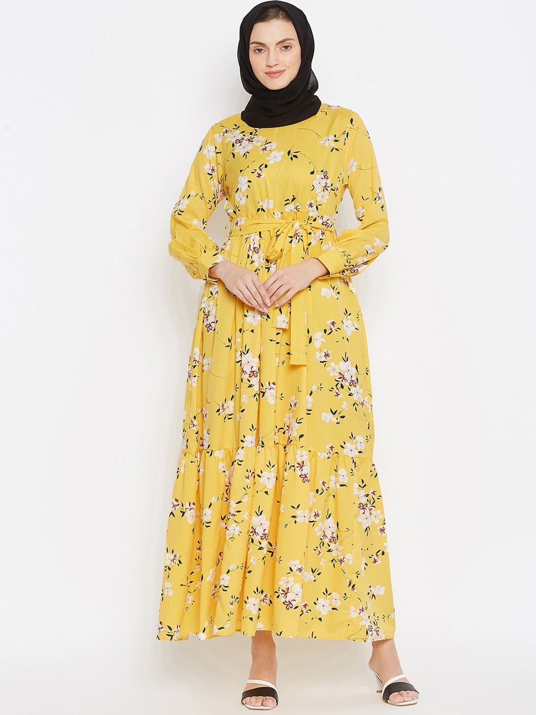 

NABIA Women Yellow & Black Printed Abaya Burqas with Scarf