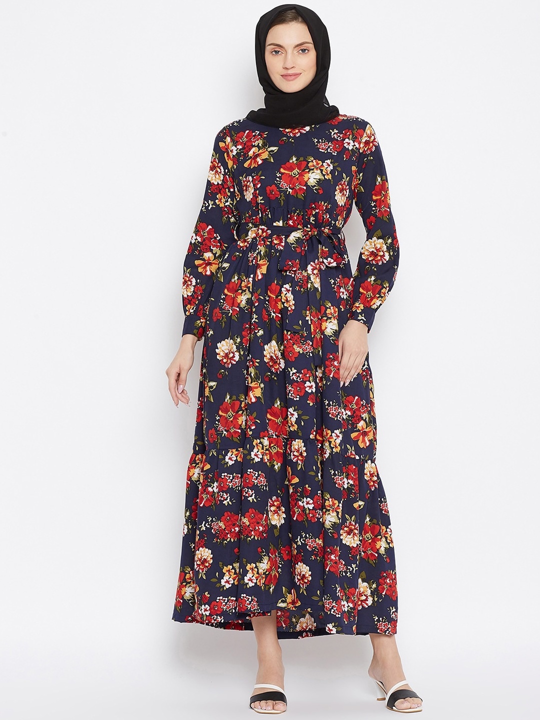 

NABIA Women Navy Blue & Red Printed Abaya Burqa With Scarf