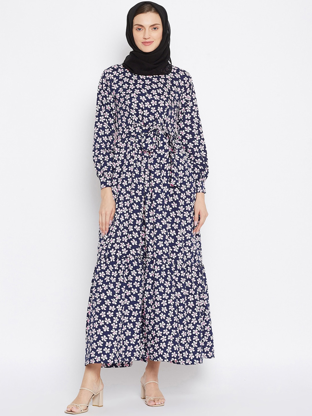

NABIA Women Blue & White Printed Abaya Burqa With Scarf