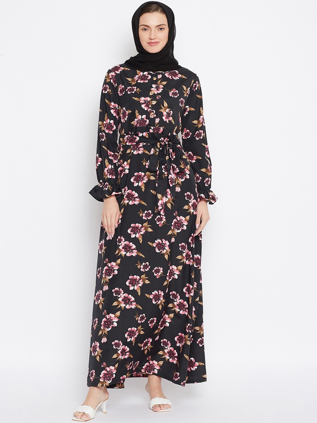 

NABIA Women Black & Pink Floral Printed Abaya Burqas with Scarf