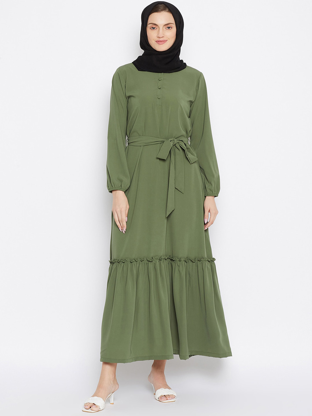 

NABIA Women Green & Black Solid Abaya Burqa With Scarf