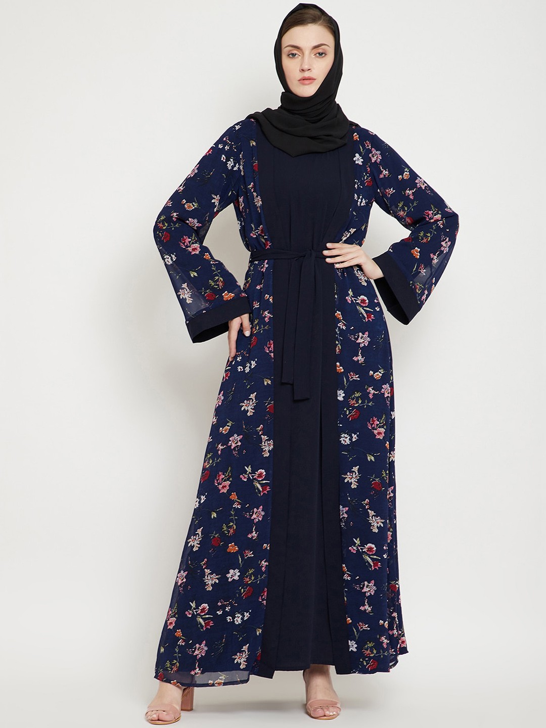 

NABIA Women Navy Blue & White Printed Abaya Burqa With Scarf