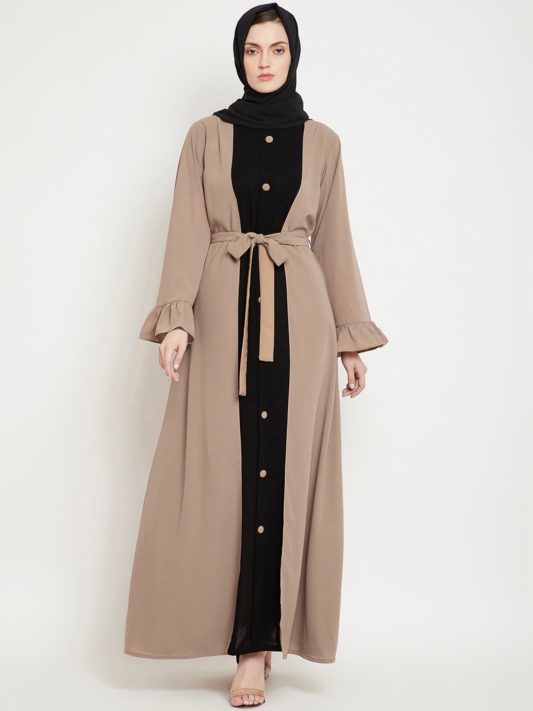 

NABIA Women Beige & Black Solid Abaya Burqa With Georgette Scarf