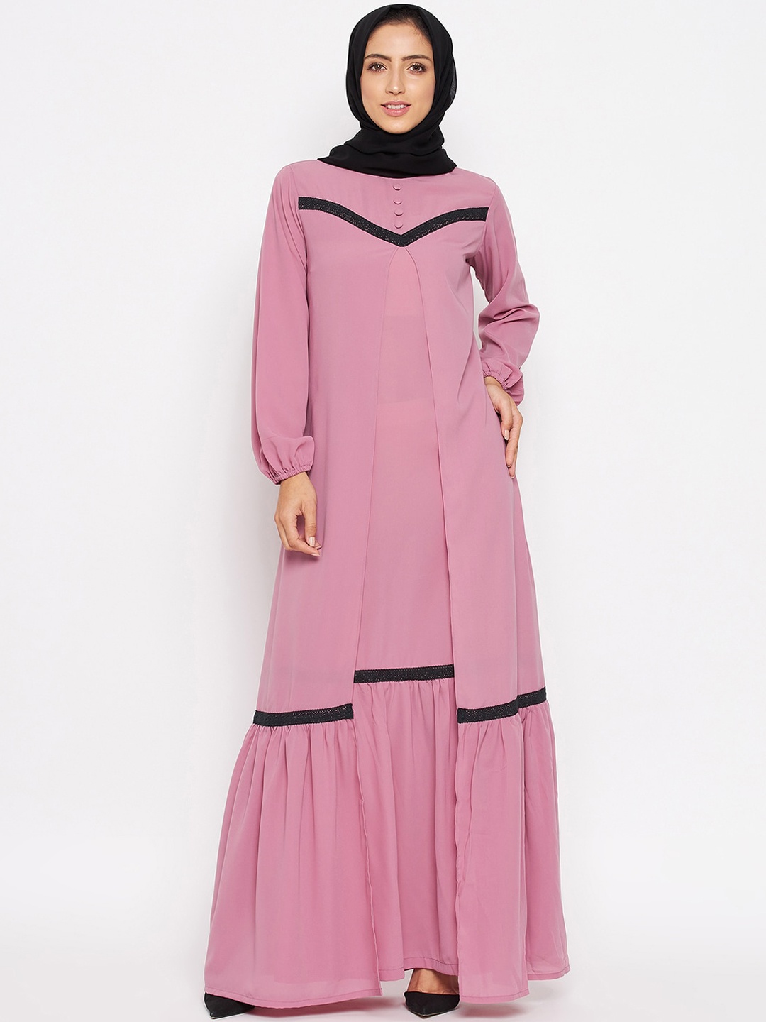

NABIA Women Pink & Black Solid Layered Abaya Burqa With Georgette Scarf