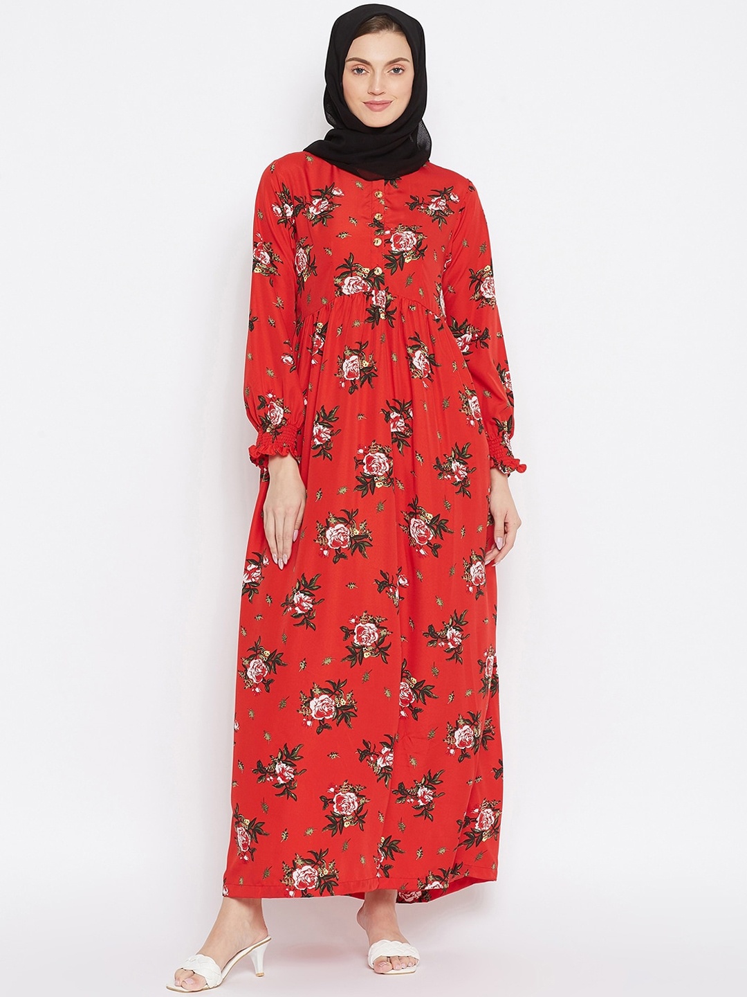 

NABIA Women Red Floral Printed Burqas With Georgette Scarf