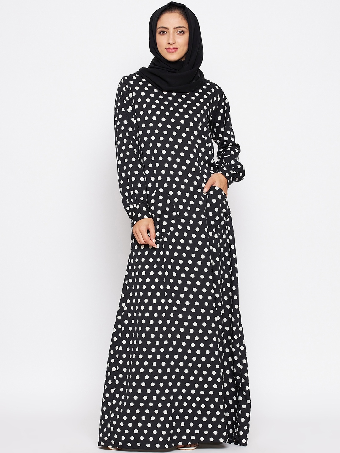 

NABIA Women Black & White Polka Dots Printed Burqa with Georgette Scarf