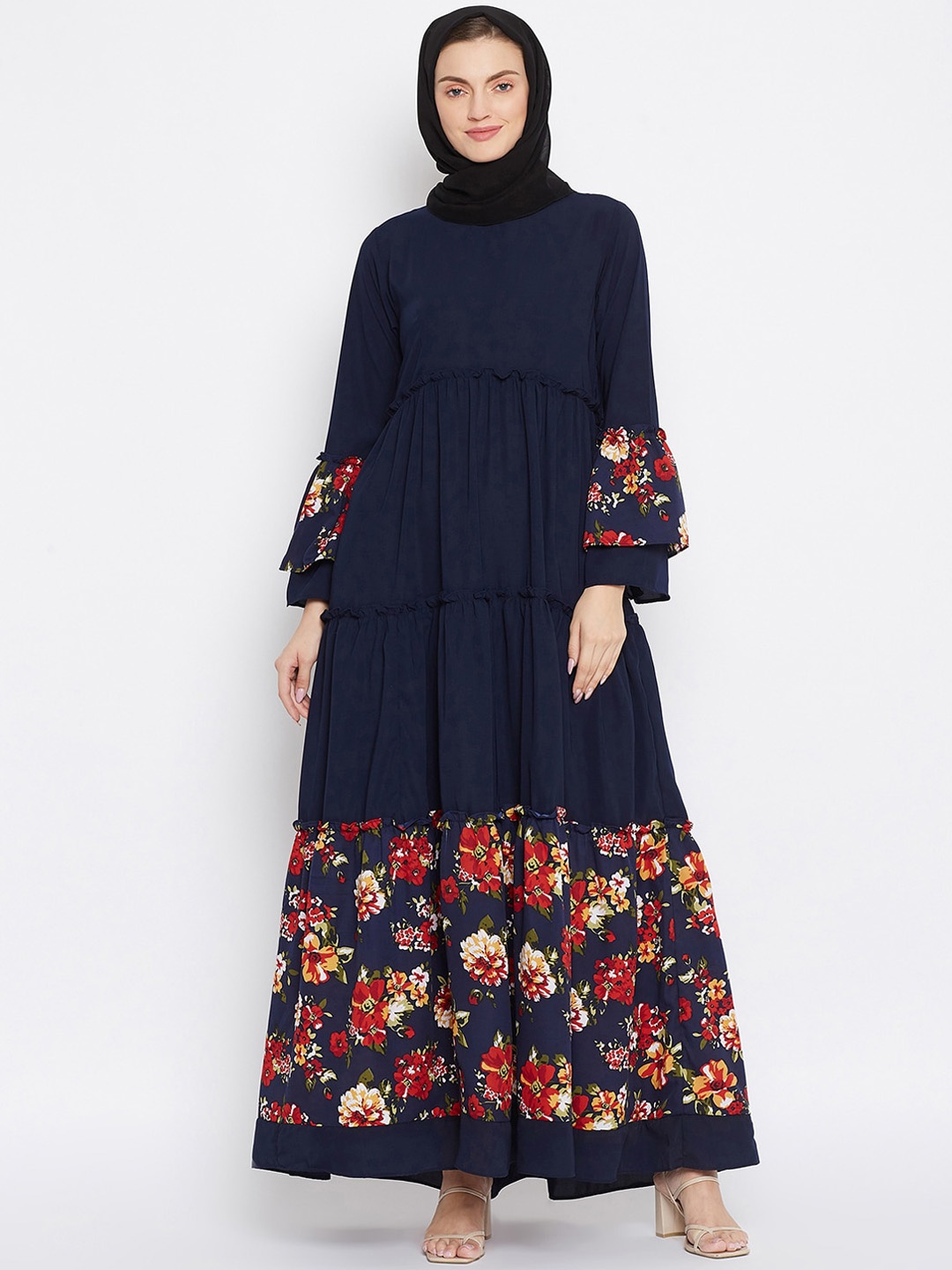 

NABIA Women Navy Blue Floral Printed Abaya Burqa With Scarf