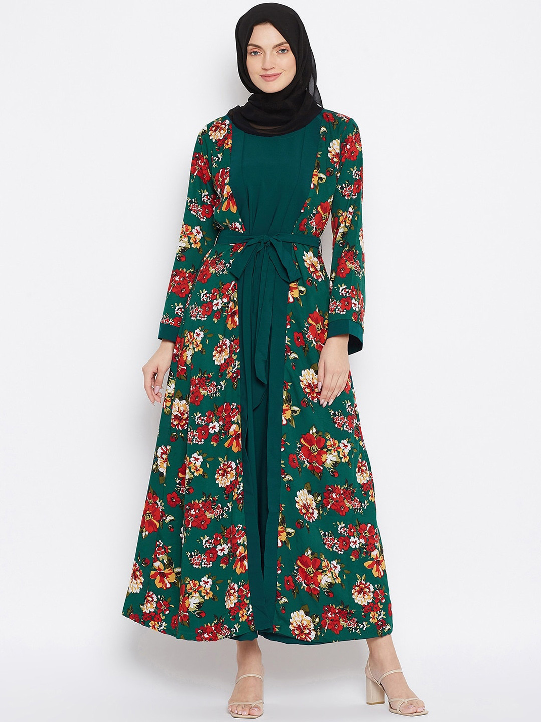 

NABIA Women Green & Red Printed Abaya Burqa With Scarf