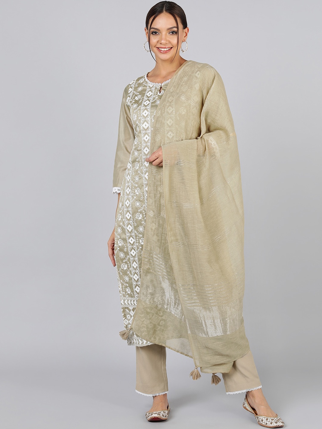 

AHIKA Beige & White Floral Embroidered Thread Work Kurta with Trousers & With Dupatta