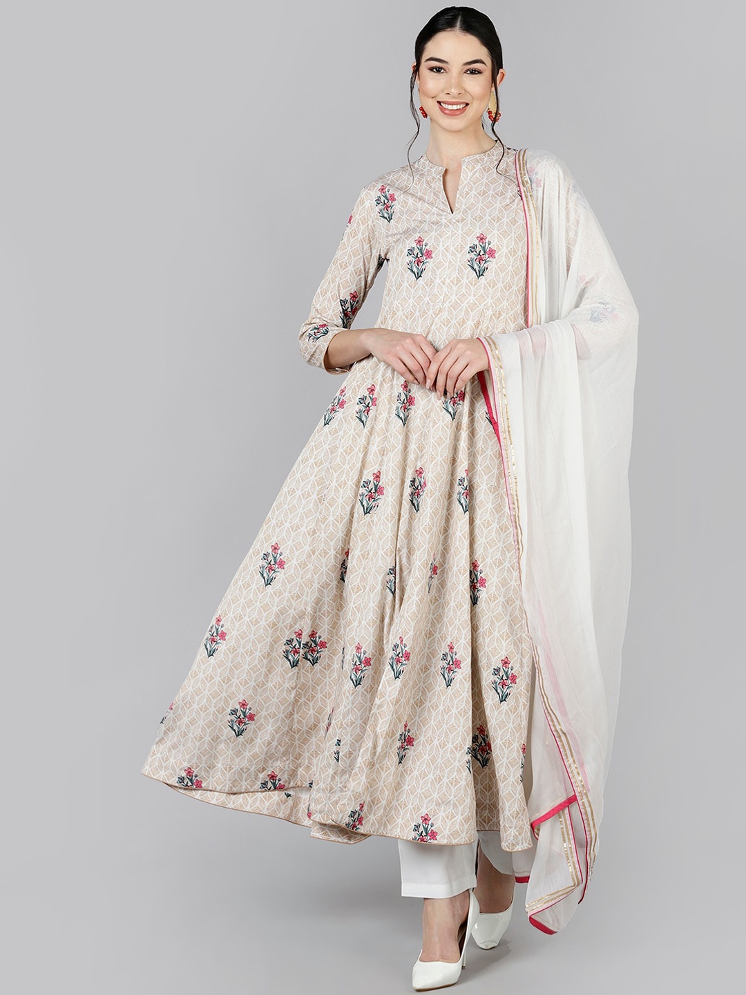 

AHIKA Women Beige Floral Printed Kurta with Trousers & With Dupatta