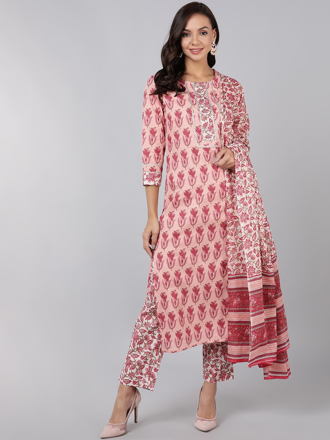 

AHIKA Women Pink Floral Printed Pure Cotton Kurta with Trousers & With Dupatta