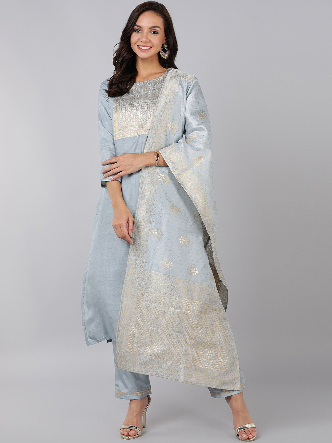 

AHIKA Women Grey Ethnic Motifs Embroidered Thread Work Kurta with Trousers & With Dupatta