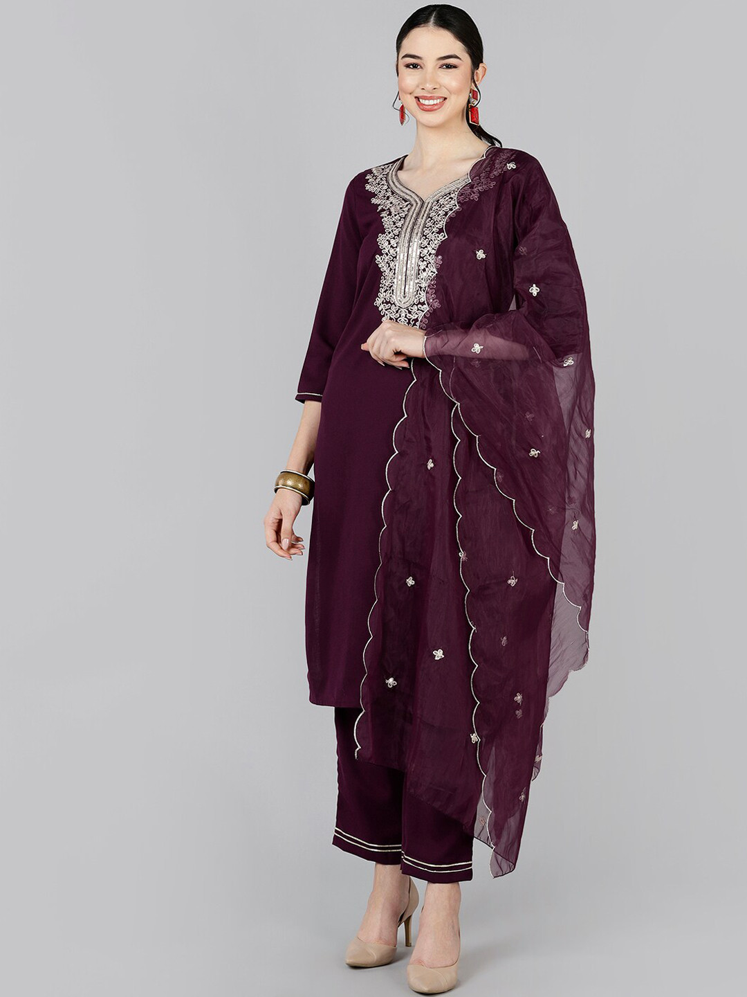 

AHIKA Women Purple Embroidered Kurta with Trousers & With Dupatta
