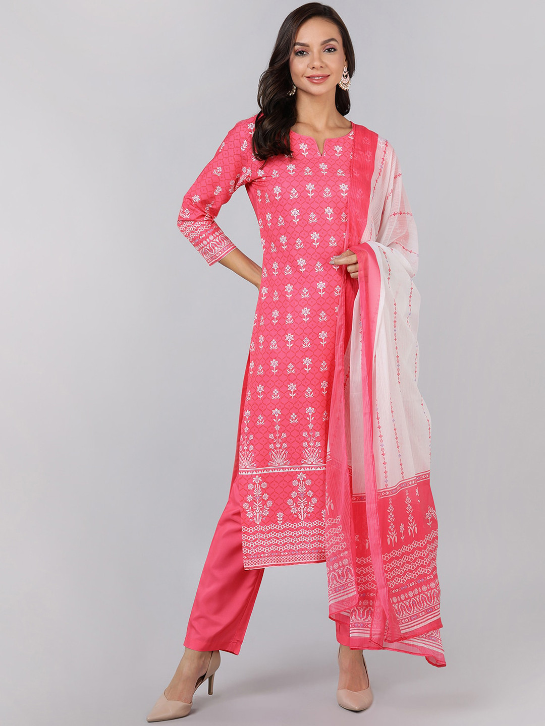 

AHIKA Women Pink Floral Printed Kurta with Trousers & With Dupatta