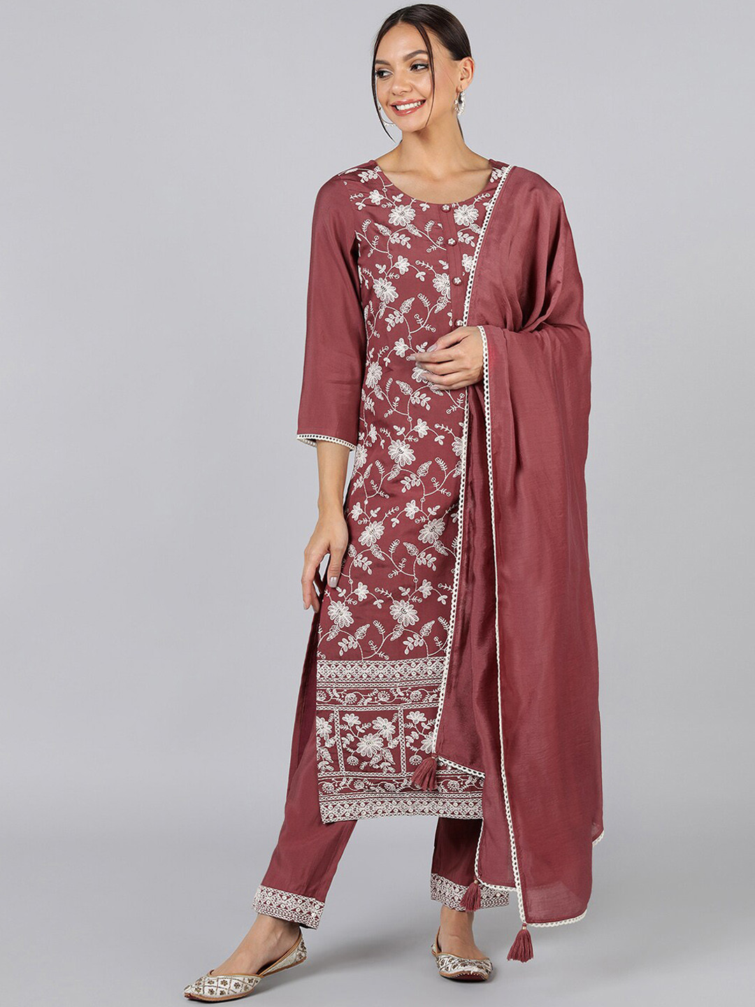 

AHIKA Women Mauve Embroidered Kurta with Trousers & With Dupatta