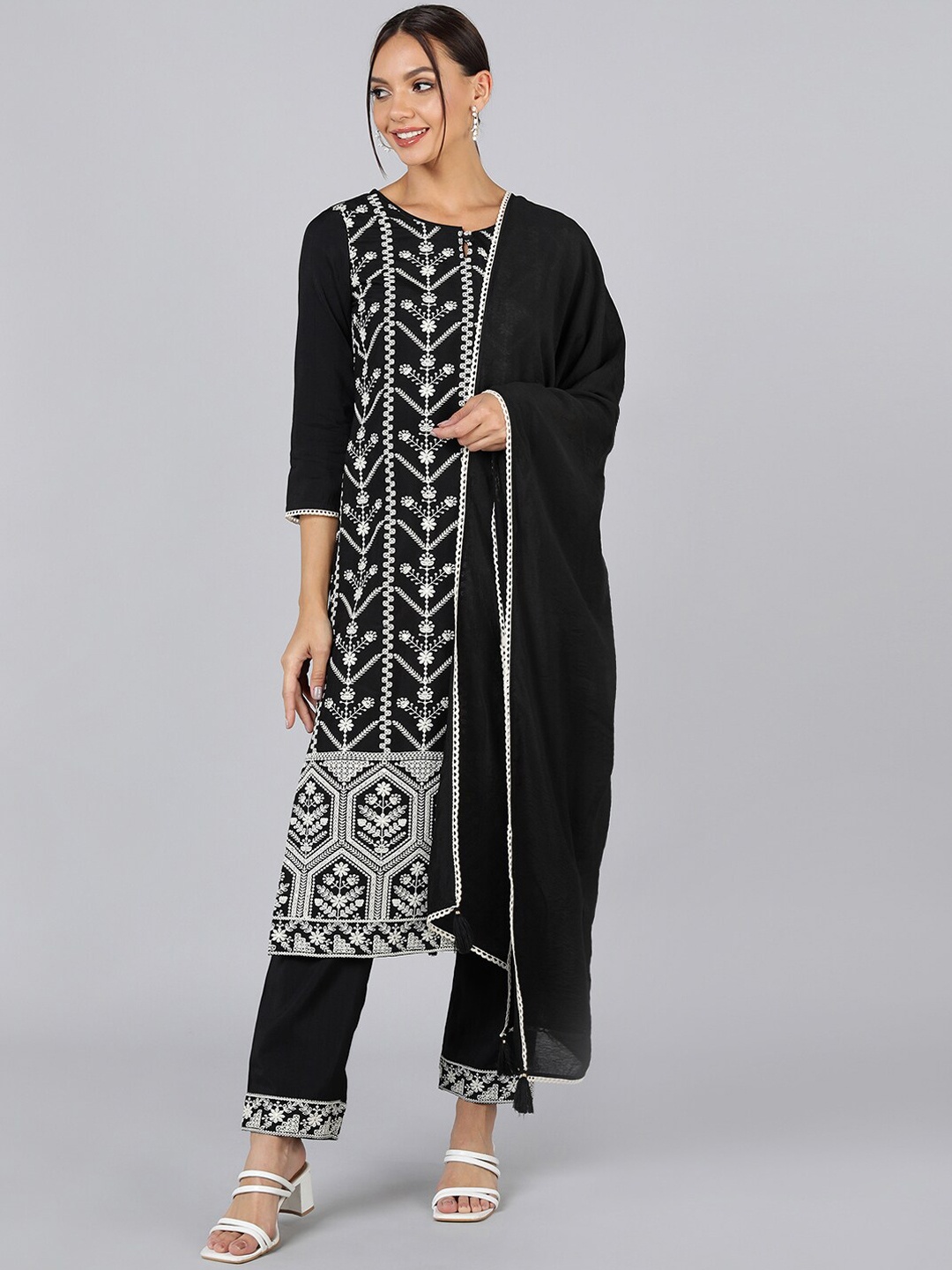 

AHIKA Women Black Floral Embroidered Kurta with Trousers & With Dupatta