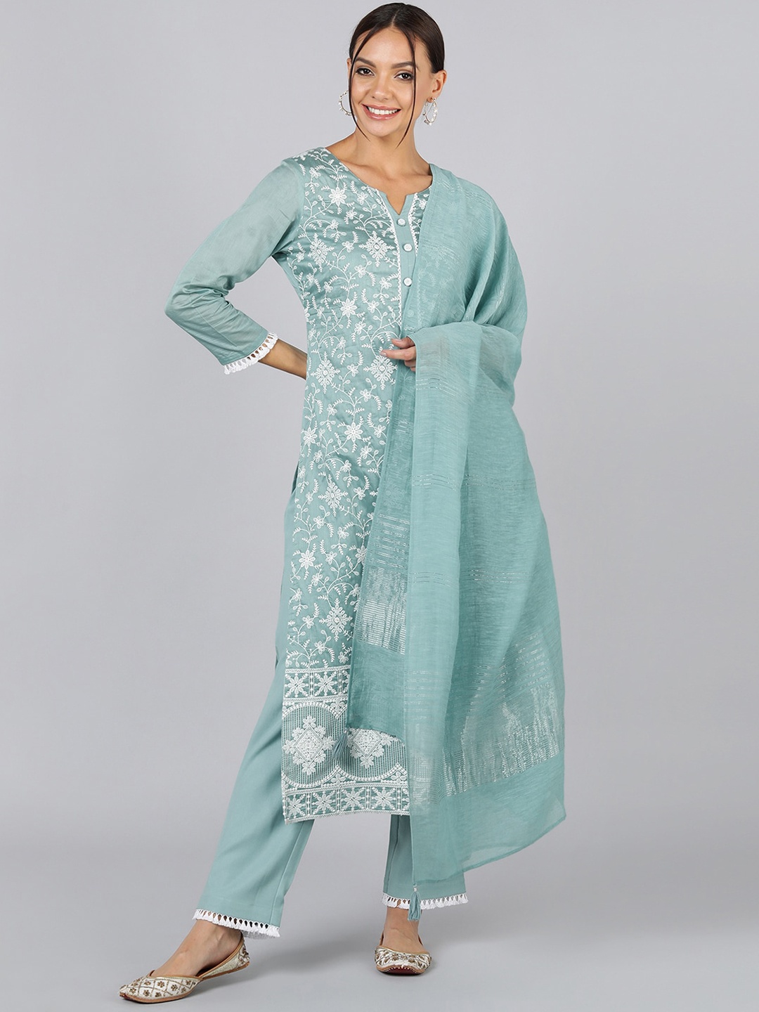 

AHIKA Women Sea Green Floral Embroidered Kurta with Trousers & With Dupatta