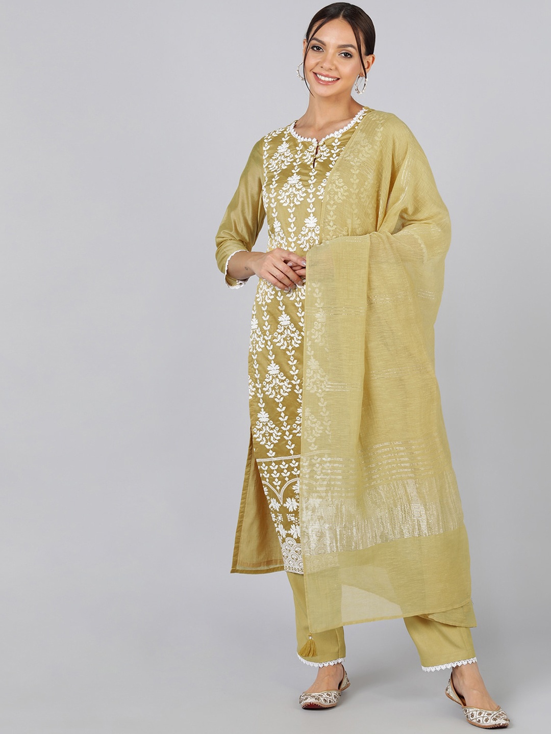 

AHIKA Women Olive Green Embroidered Kurta with Trousers & With Dupatta