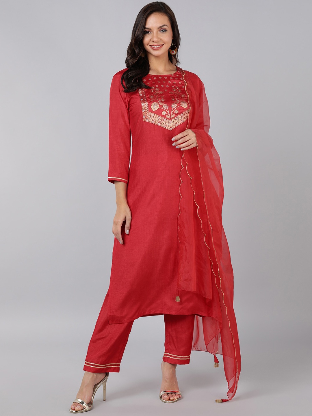 

AHIKA Women Red Floral Yoke Design Kurta with Trousers & With Dupatta
