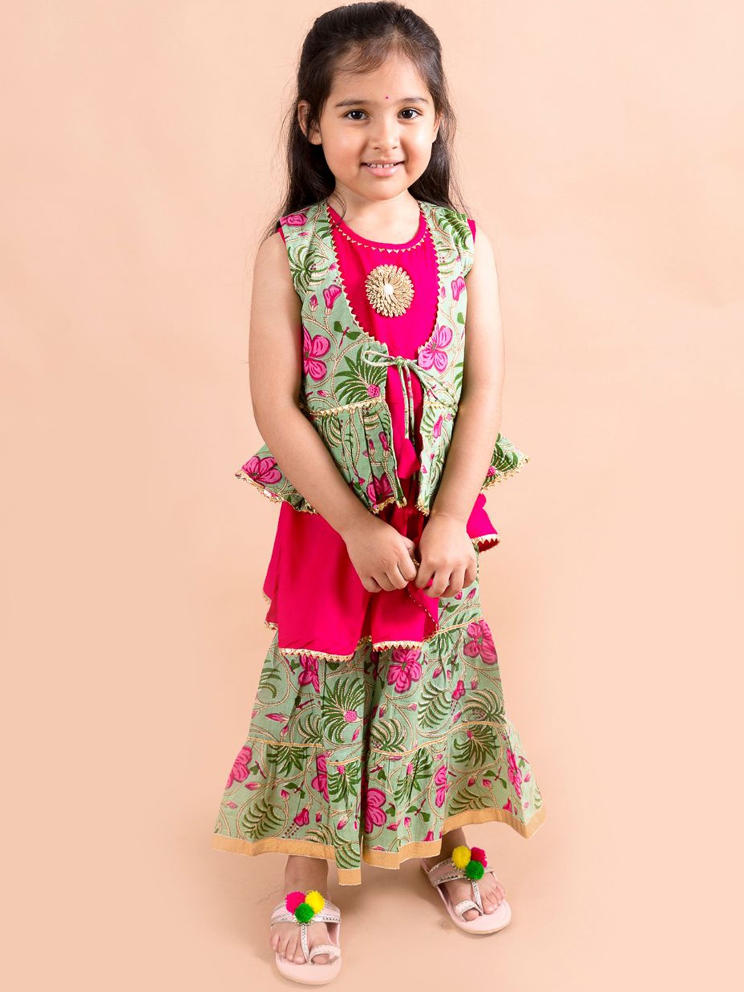 

LIL PITAARA Girls Green Floral Printed Gotta Patti Pure Cotton Kurti with Sharara