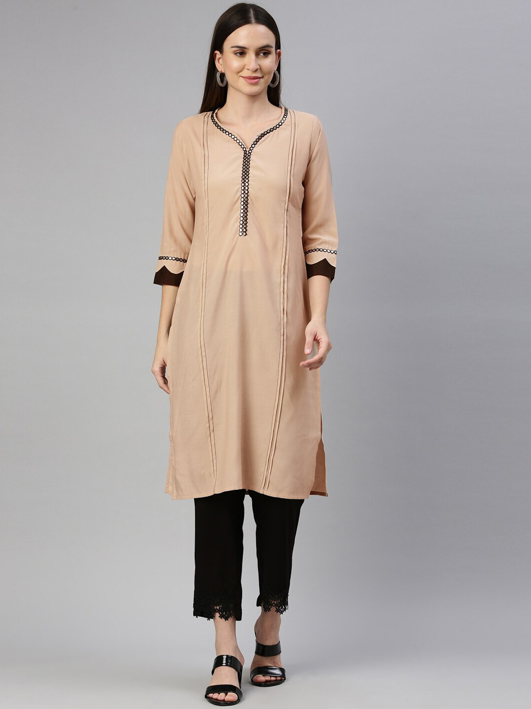 

Neerus Women Beige Mirror Work Kurta with Trousers