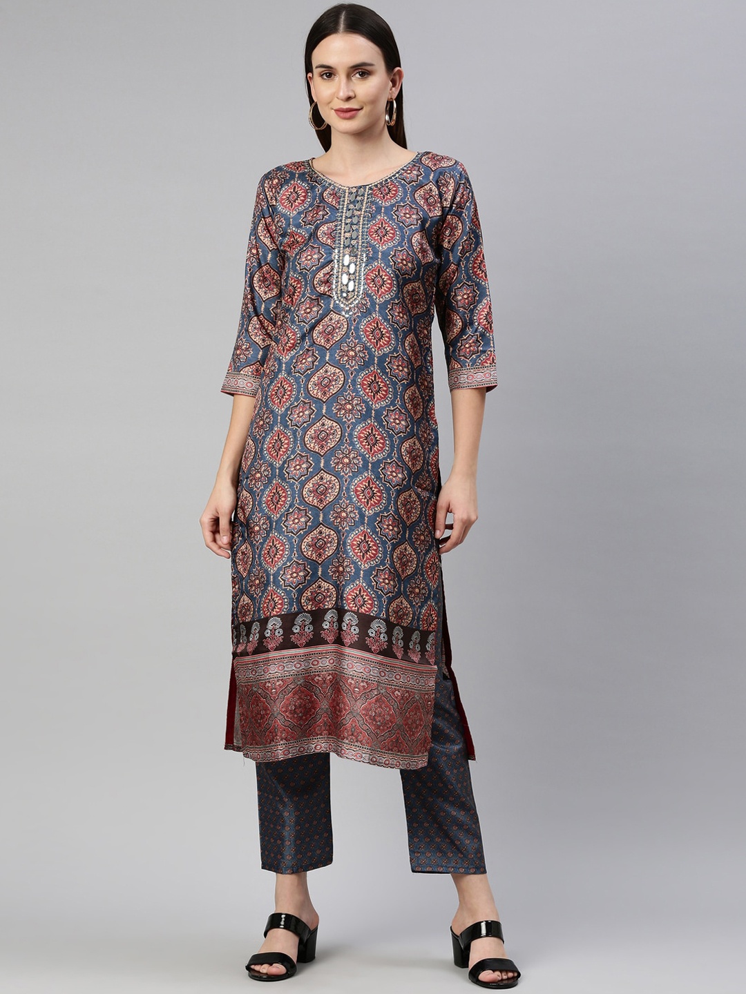 

Neerus Women Blue Ethnic Motifs Printed Dupion Silk Kurta with Trousers