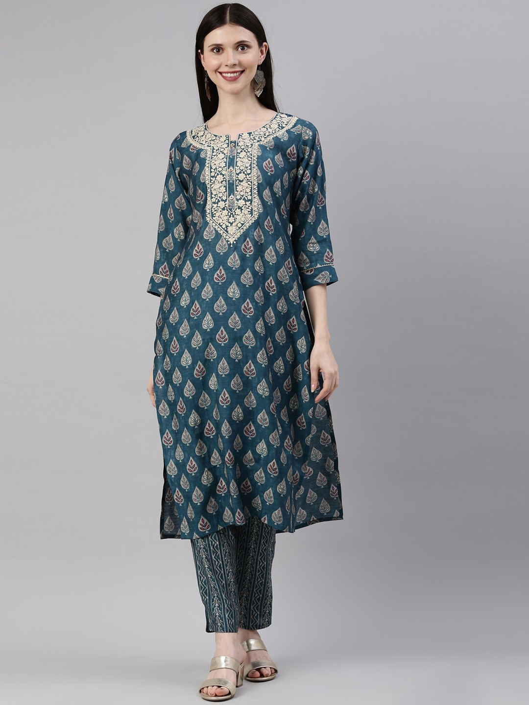 

Neerus Women Blue Ethnic Motifs Printed Dupion Silk Kurta with Trousers