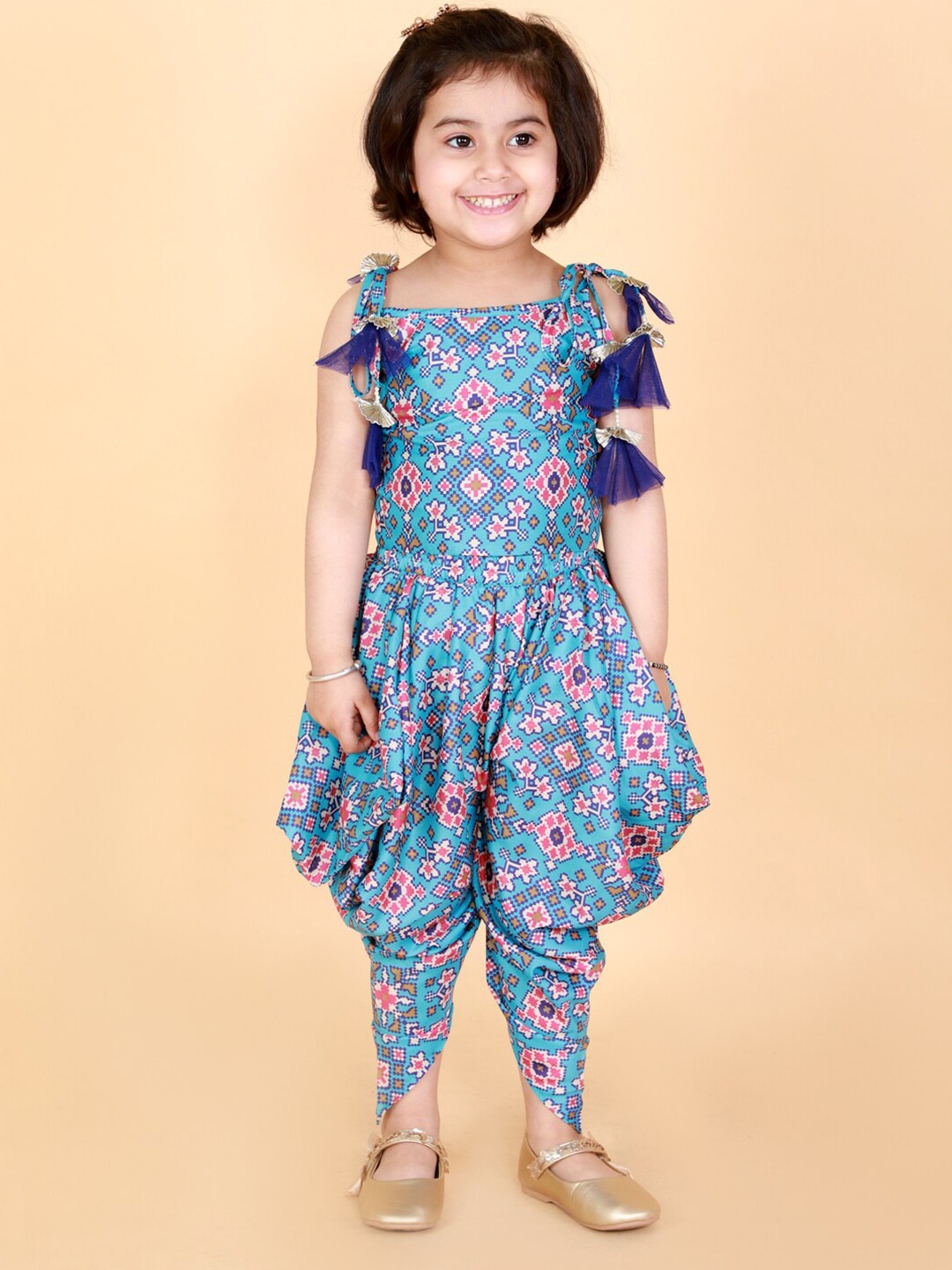LIL DRAMA Girls Blue & Pink Printed Top with Dhoti Pants