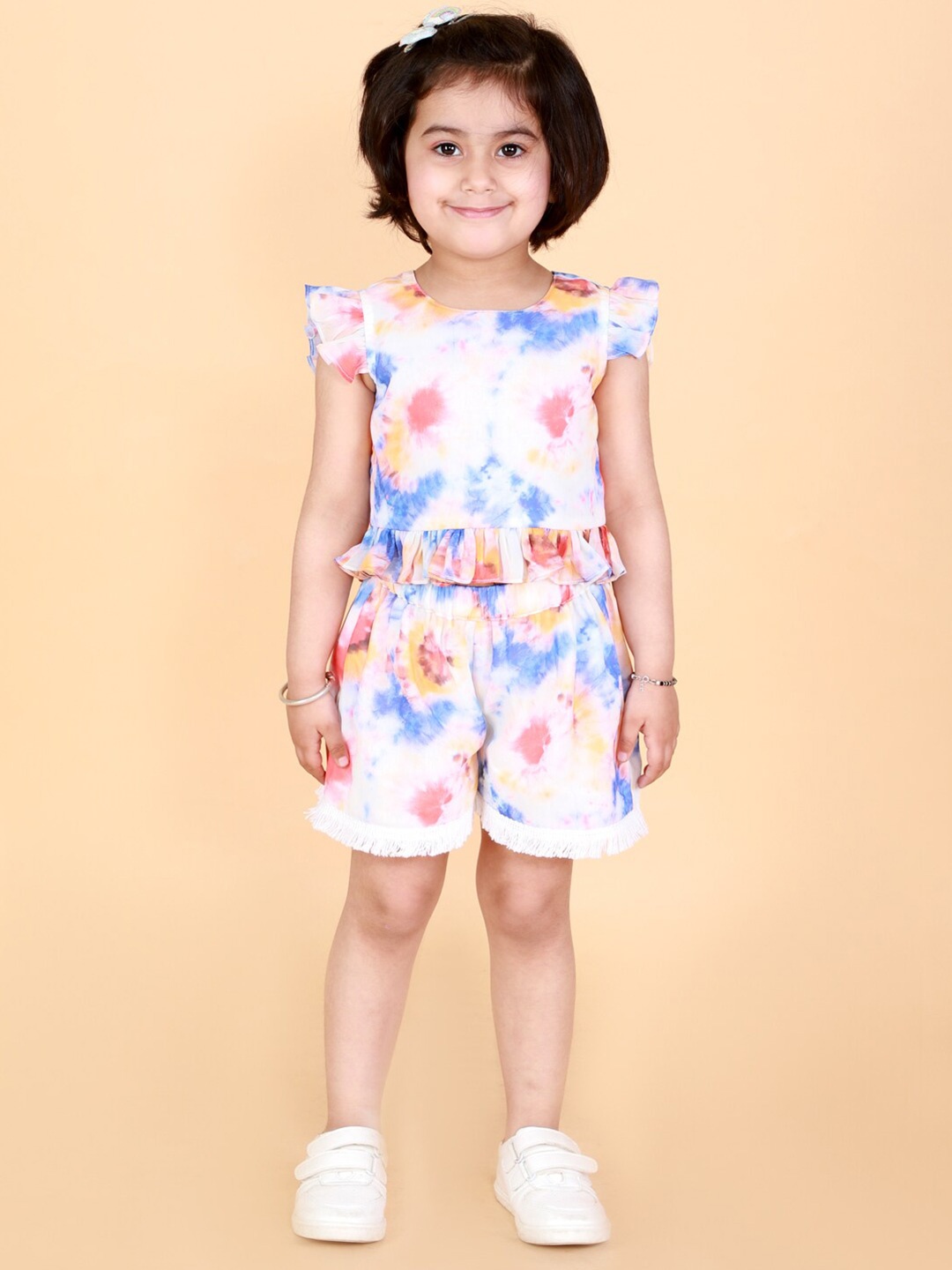 

LIL DRAMA Girls Blue & Pink Tie & Dye Printed Pure Cotton Top with Shorts
