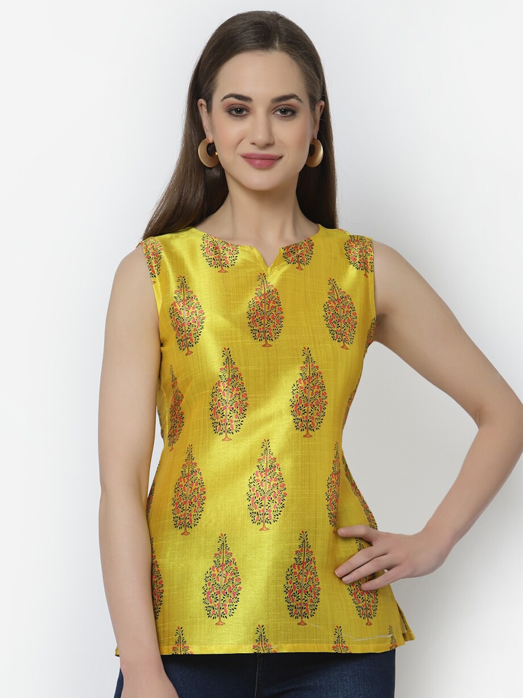 Altiven Yellow Ethnic Motif Print Satin Top