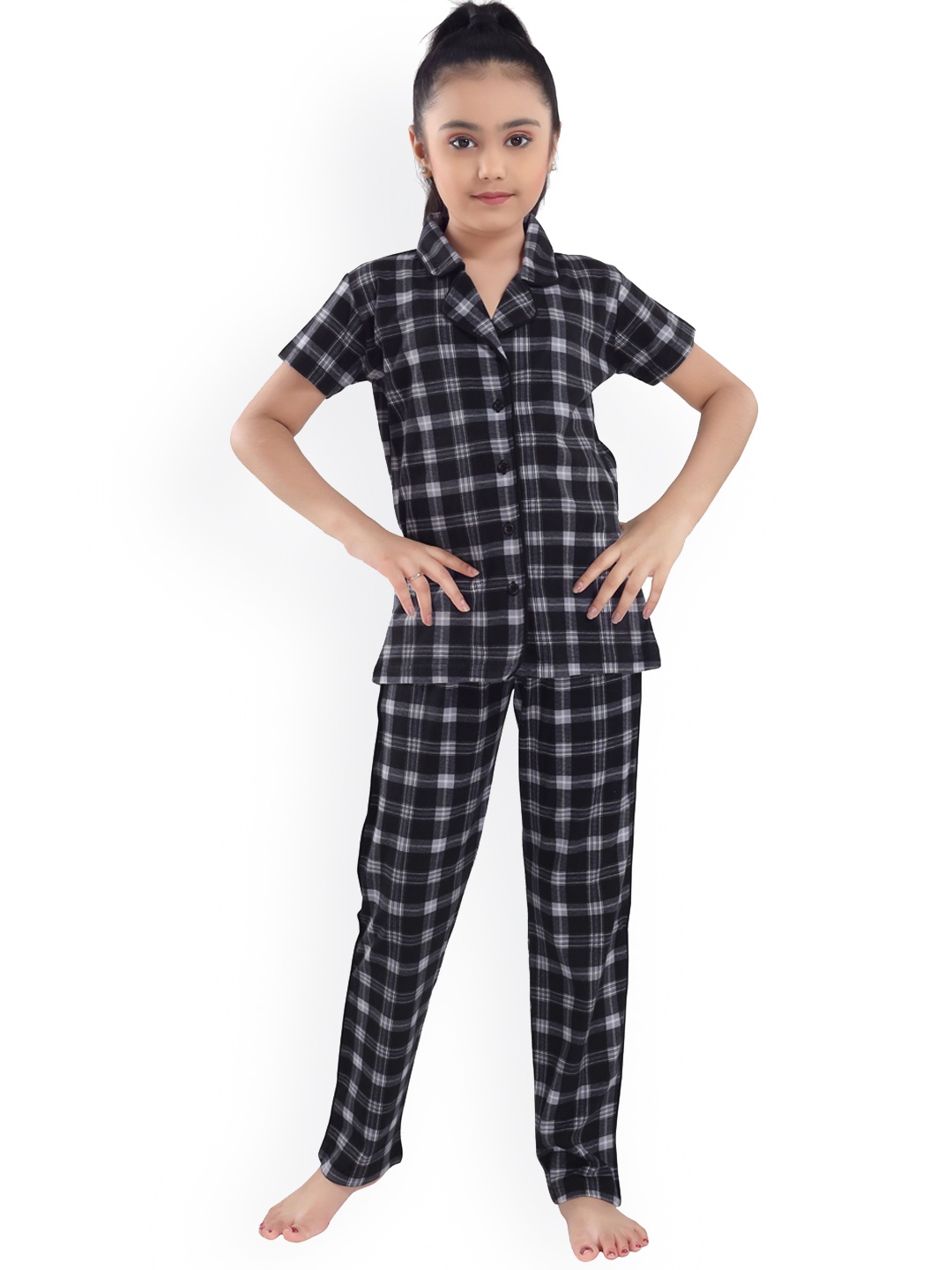 

9shines Label Girls Black & White Checked Cotton Night suit