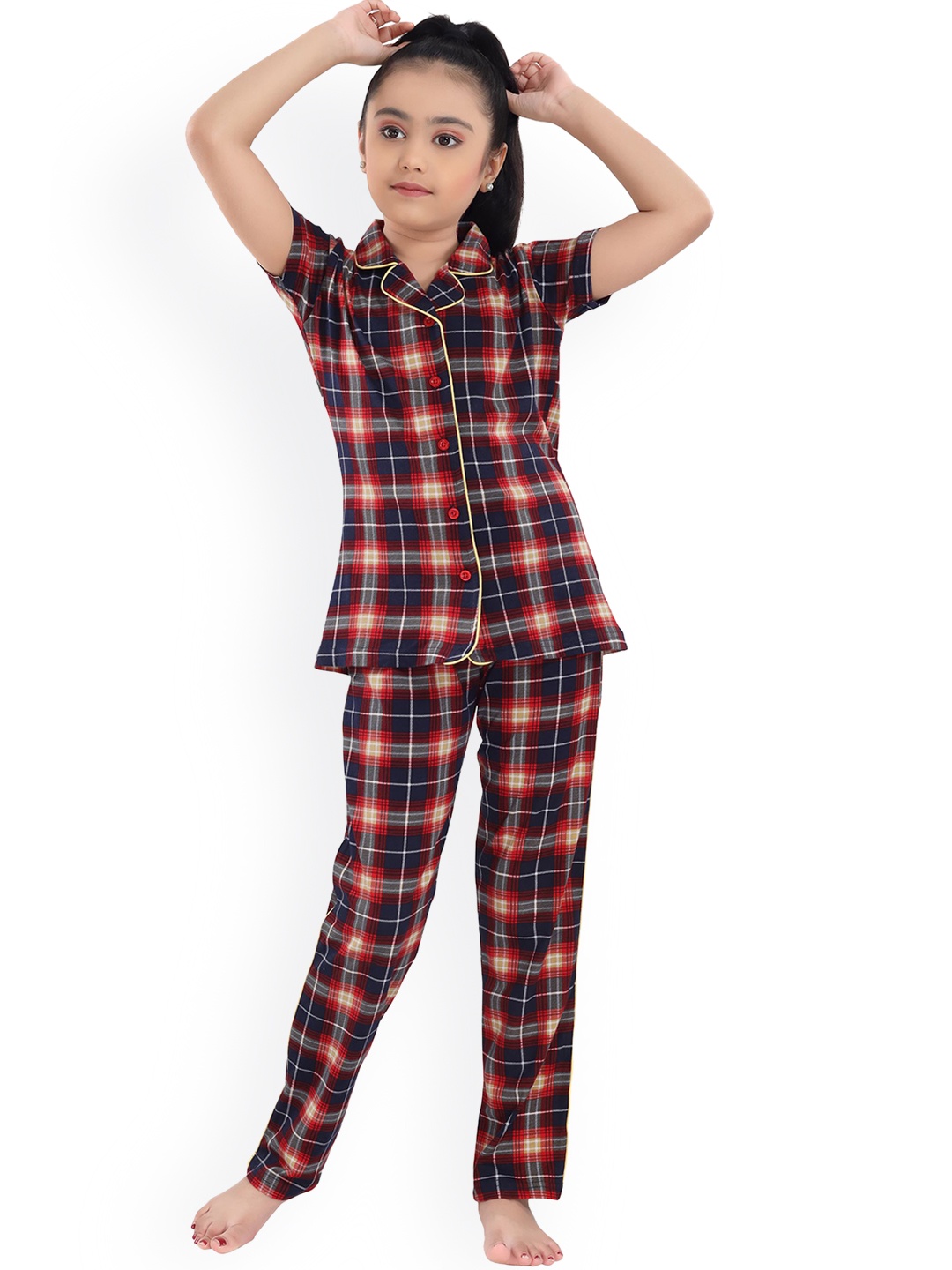 

9shines Label Girls Black & Red Checked Pure Cotton Night suit