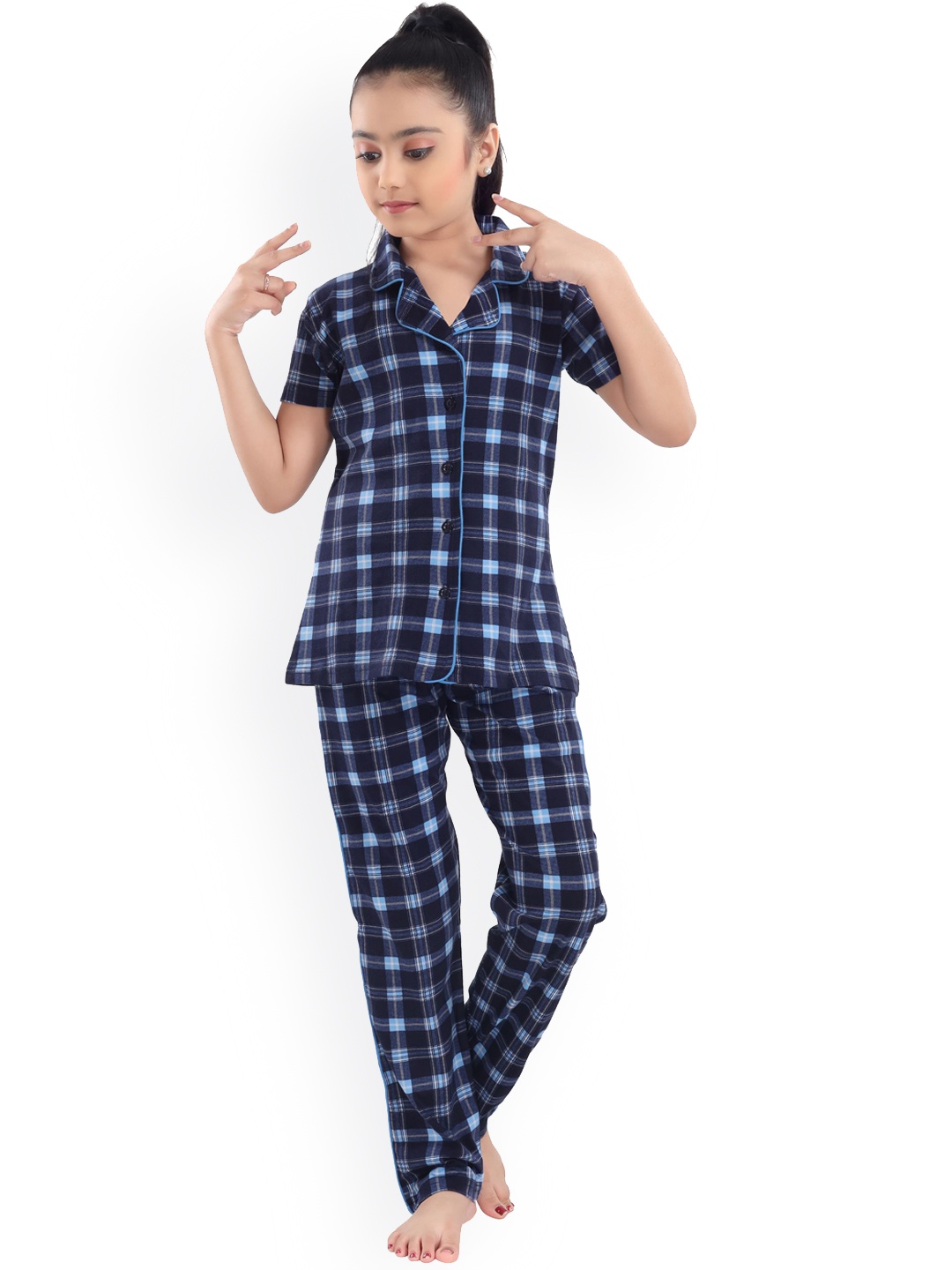 

9shines Label Girls Black & Blue Checked Pure Cotton Night suit