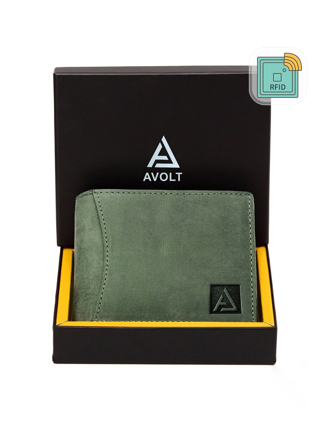 

AVOLT Men Green Leather Two Fold Wallet