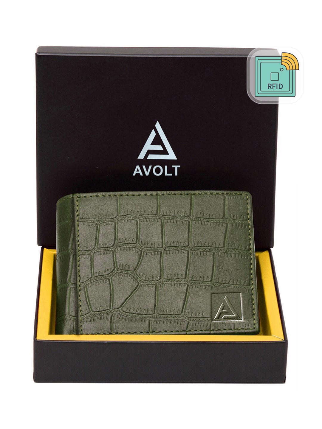 

AVOLT Men Olive Green Textured Leather Two Fold Wallet