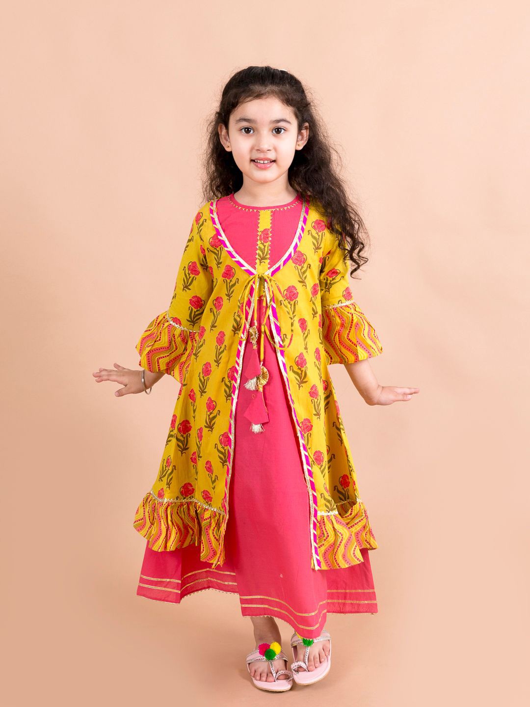

LIL PITAARA Girls Yellow & Pink Floral Printed Ethnic A-Line Maxi Dress