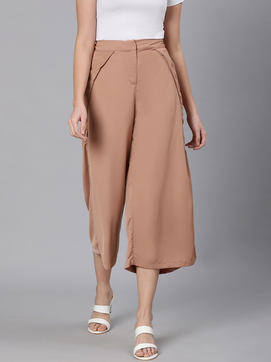 

Oxolloxo Women Beige Easy Wash Pleated Culottes Trousers