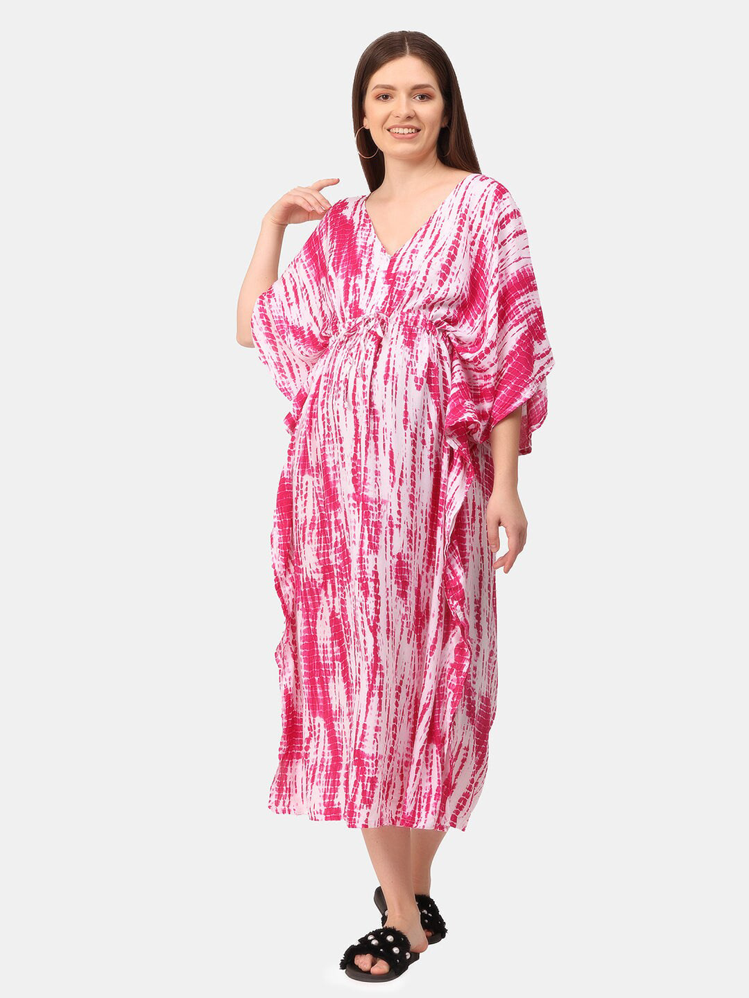 

The Mom Store Pink Printed Maternity & Nursing Pure Cotton Kaftan Maxi Nightdress