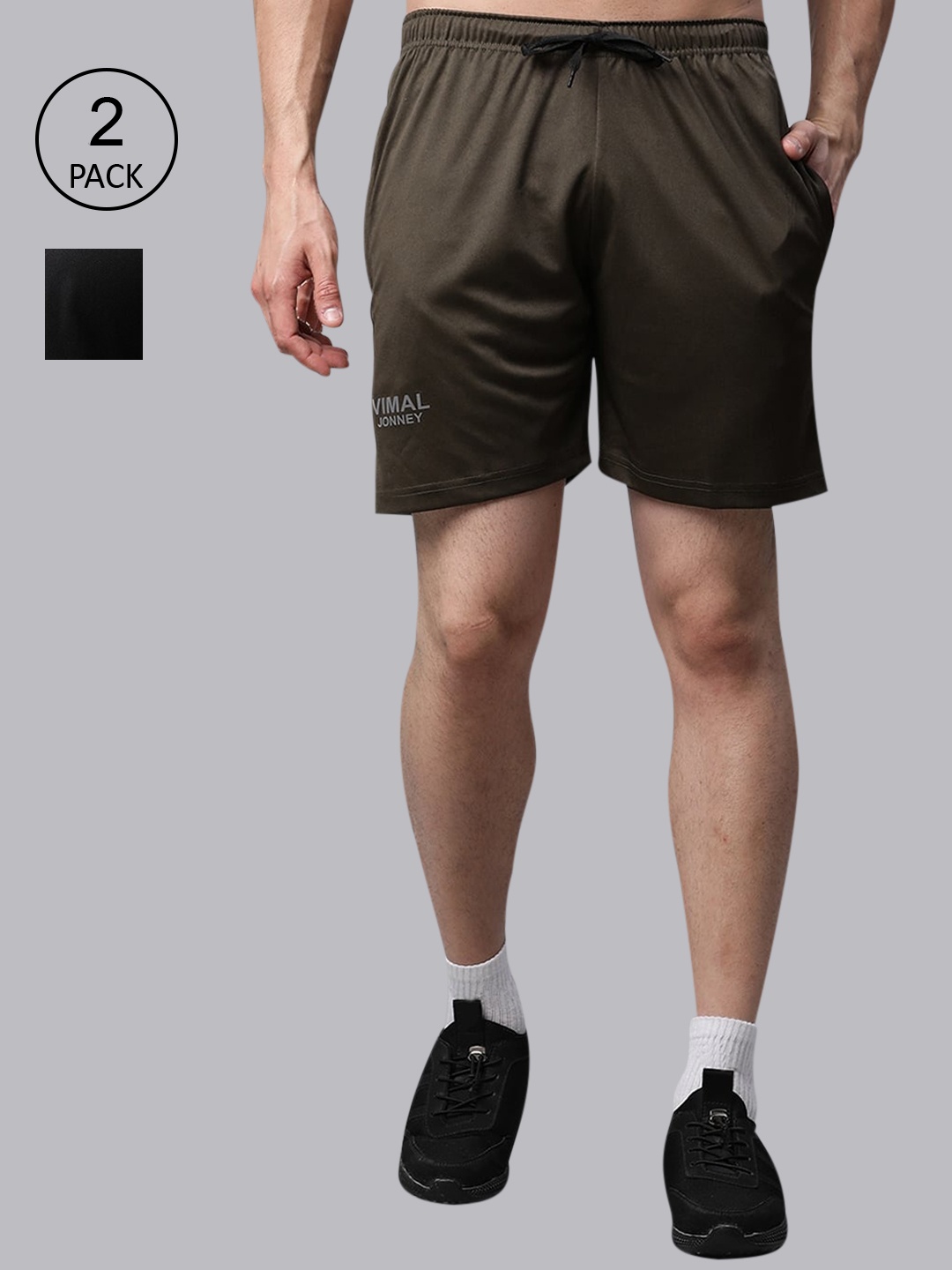 

MACK JONNEY JONNEY Men Black & Olive Green Set of 2 Solid Training or Gym Sports Shorts
