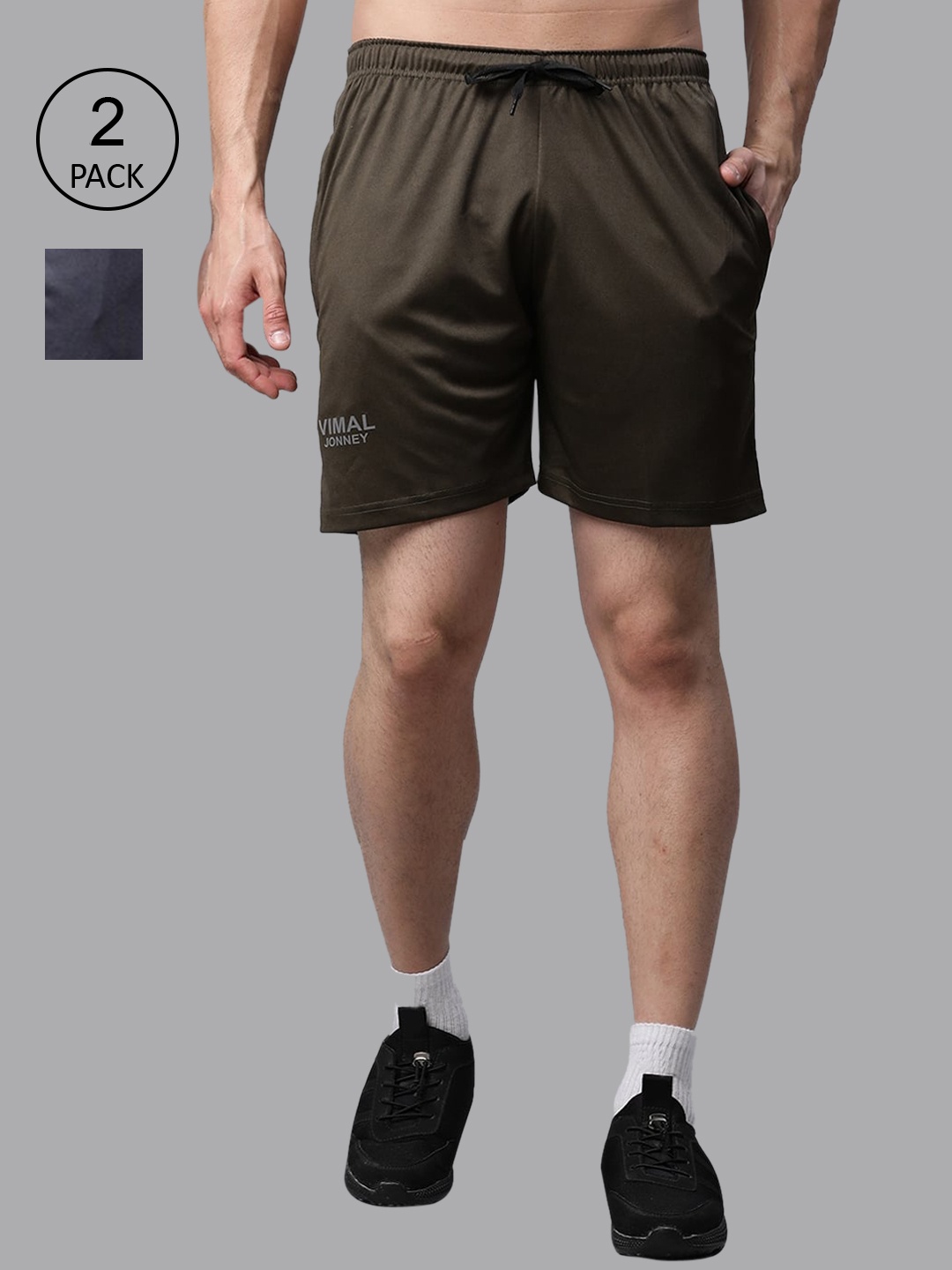 

MACK JONNEY JONNEY Men Grey & Olive Green Set Of 2 Training or Gym Sports Shorts