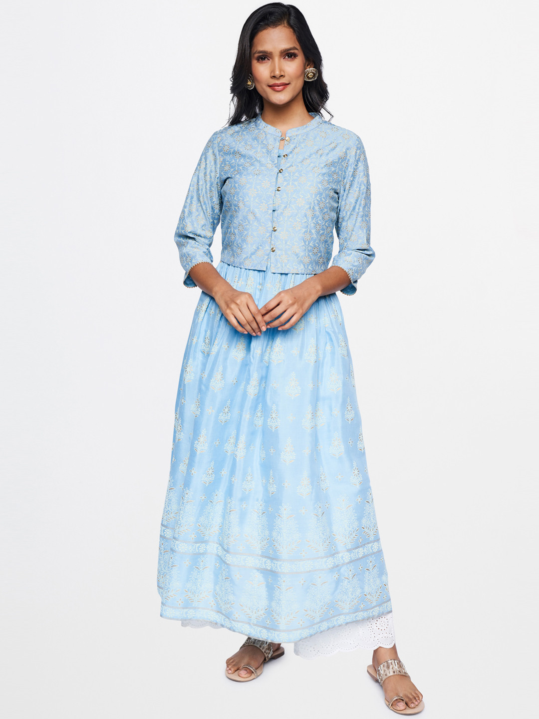 

itse Women Blue Floral Printed Kurta & Palazzos With Waistcoat