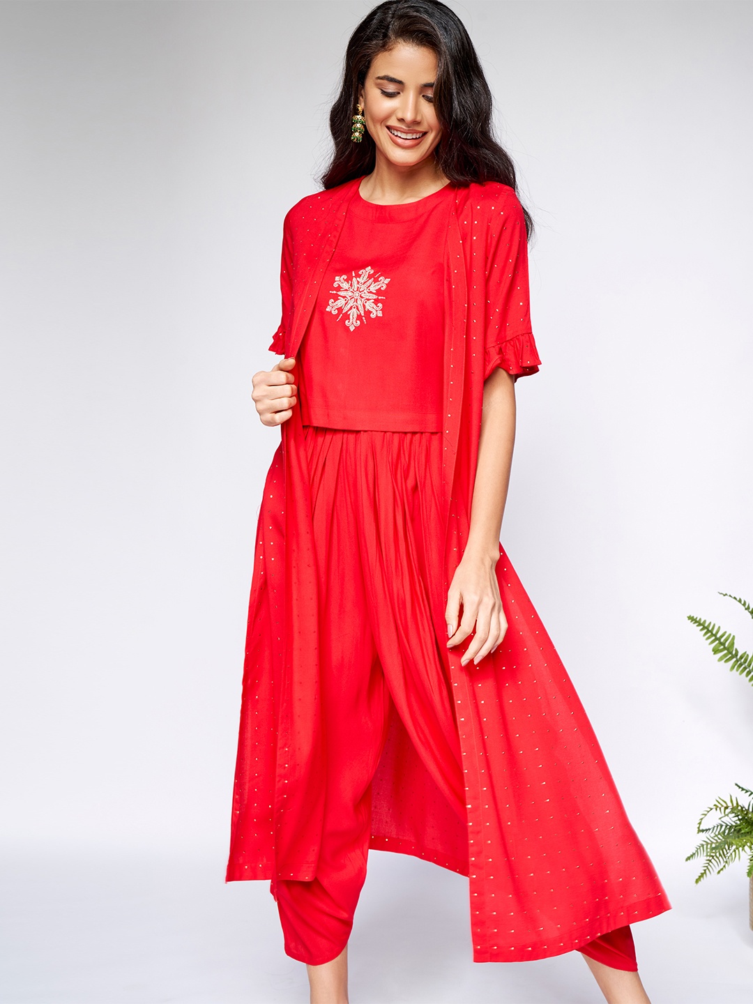 

itse Women Pink Printed Top & Dhoti Pants With Jacket